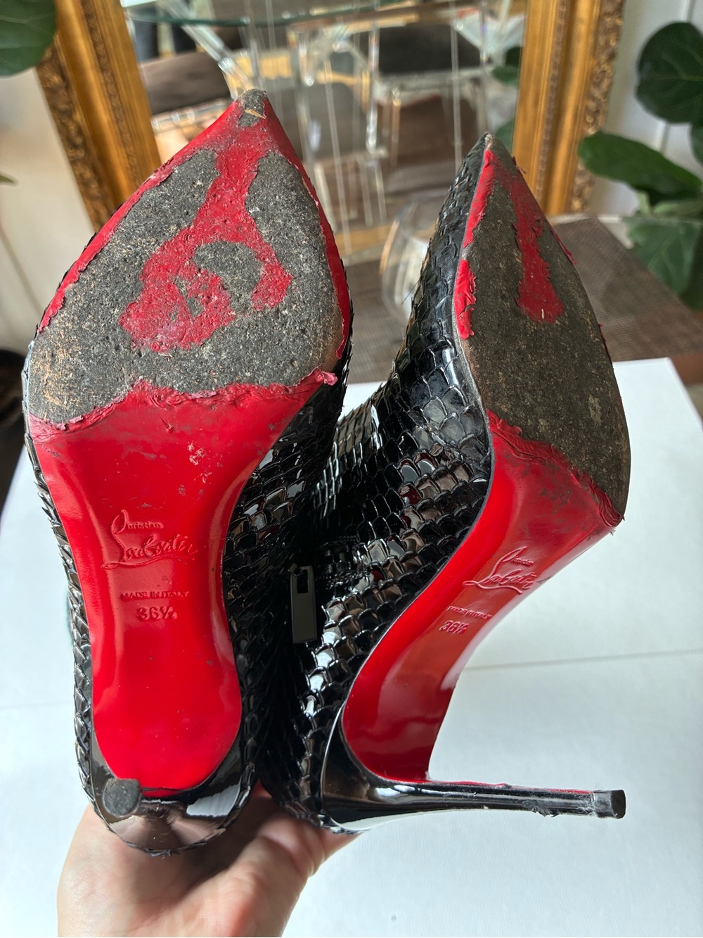 Christian Louboutin Alta Botta knee high boots bird embossed patent 115 36.5 - Picture 8 of 11